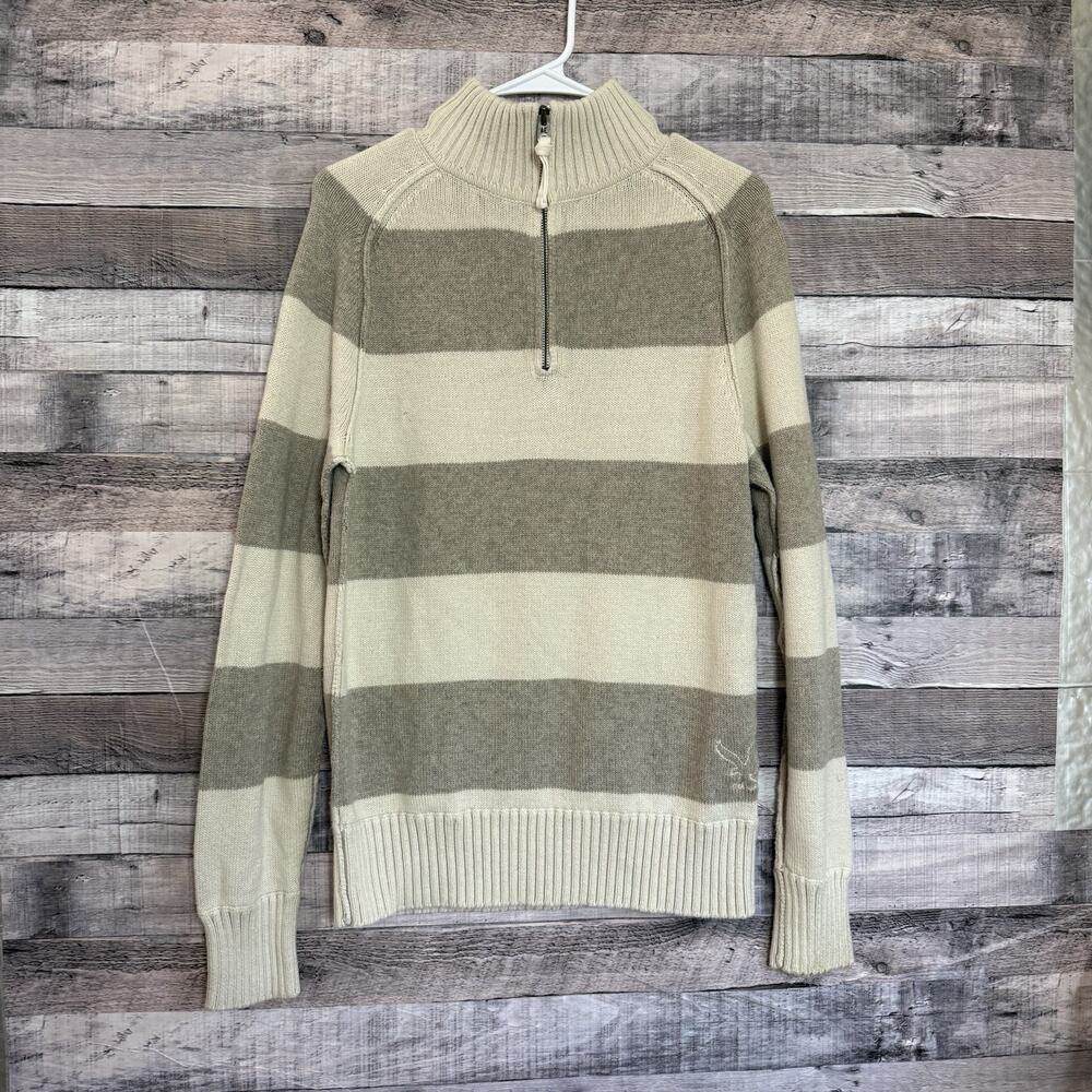 American Eagle Y2K Cream Striped 1/4 Zip Mock Neck Sweater Mens Sz M Preppy